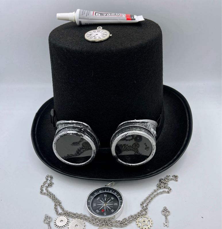Steampunk Tophat, Compass, Stainless Steel Chain,Goggles,gears Combo DiY Kit, Silver