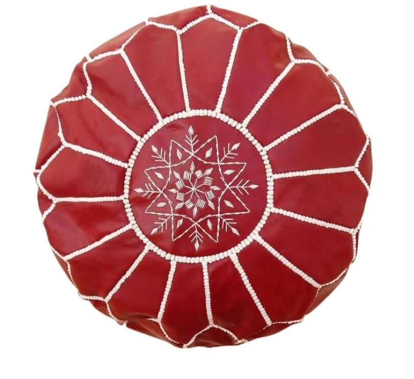 Red Moroccan leather poufs
