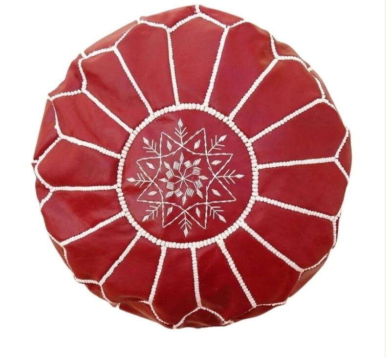 Red Moroccan leather poufs