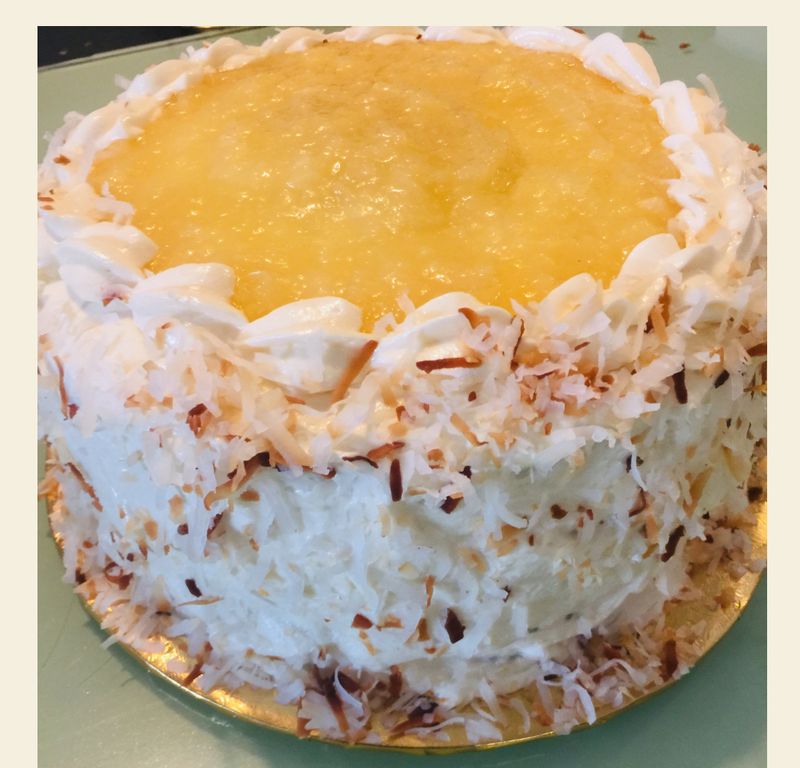 Fresh pineapple coconut cake Chic Sweets Bakery in Houston – scratch-made with real butter and natural ingredients.