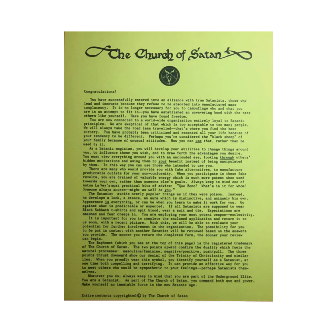 Church of Satan Acceptance Letter Reprint