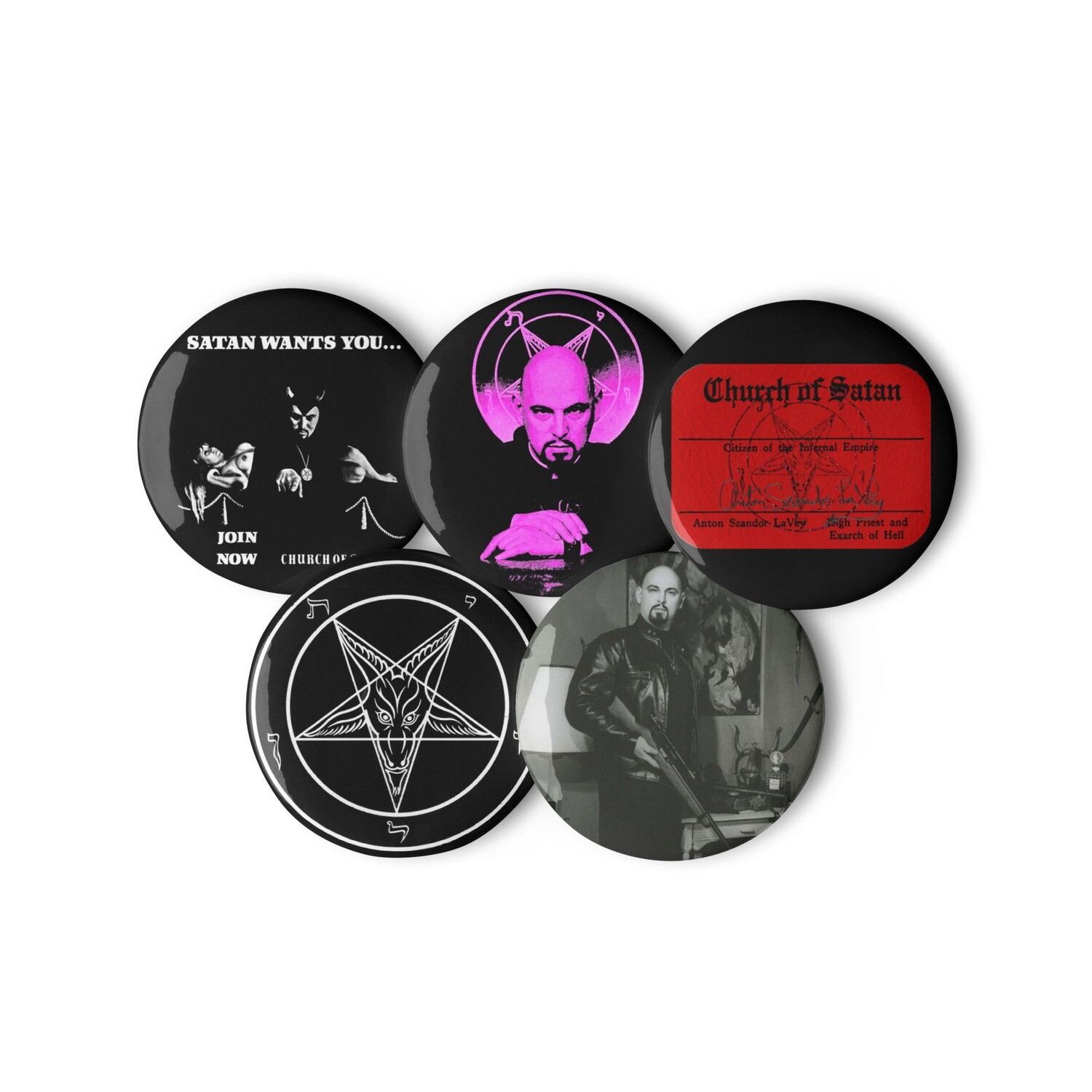Set #2 of 5 Anton LaVey Buttons 2.25&quot;