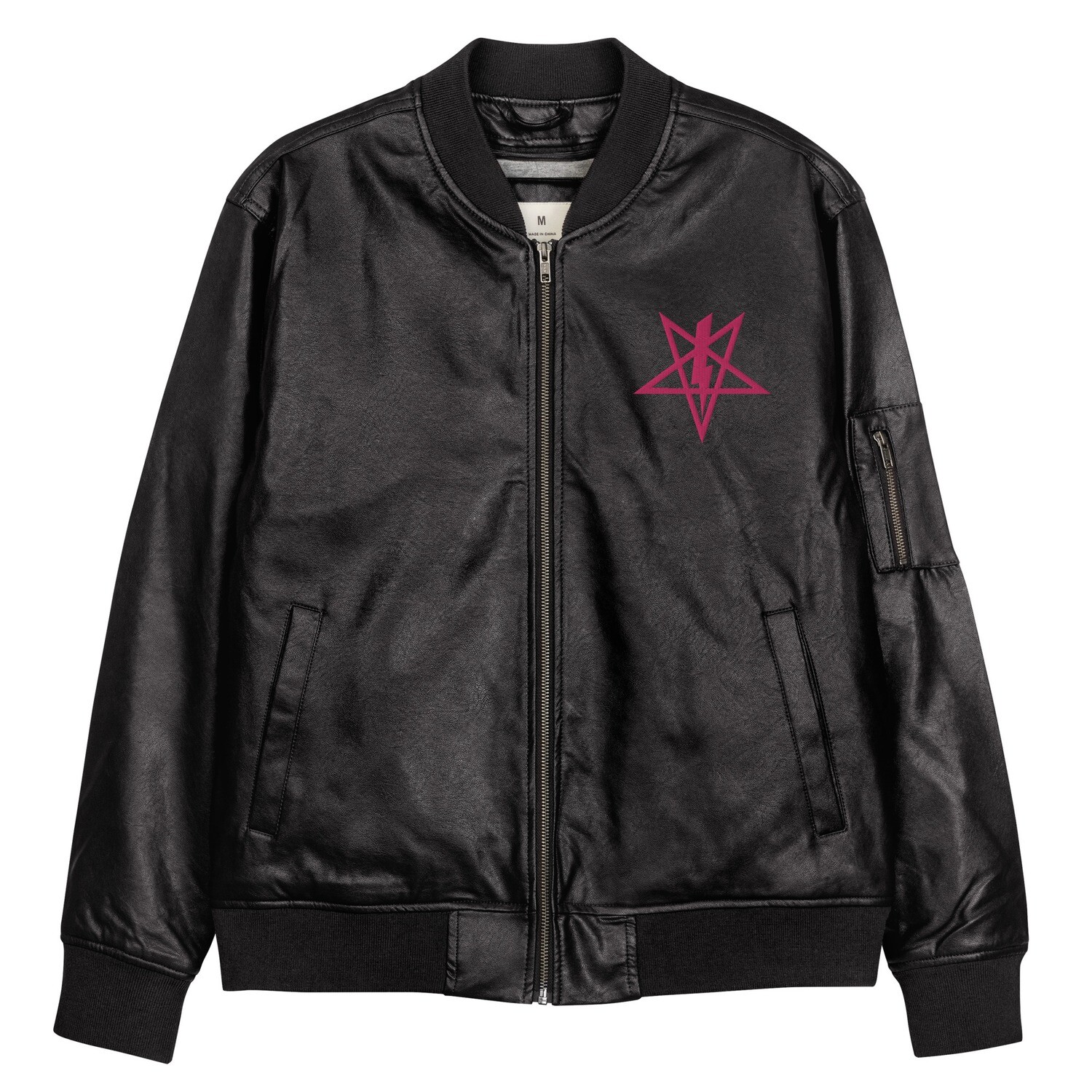 Vegan Leather Pink Power Symbol Bomber Jacket