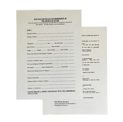 Reprint Of Vintage Church of Satan Application for Membership