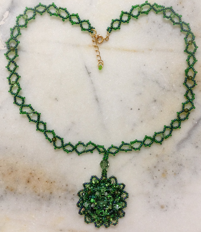 Green beaded necklace with crystal floral pendant &quot;Lucinda&quot;