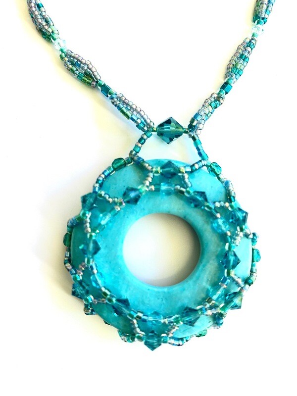 Turquoise blue necklace with crystal netted cabochon &quot;India&quot;