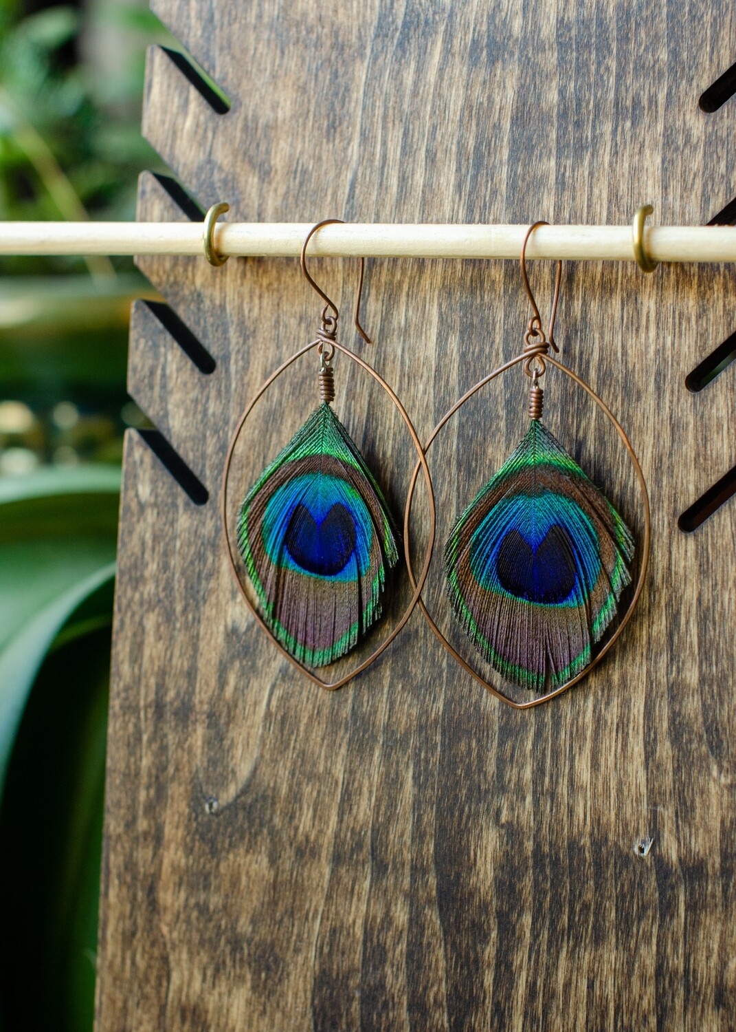 Peacock Feather Copper Hoop Earrings