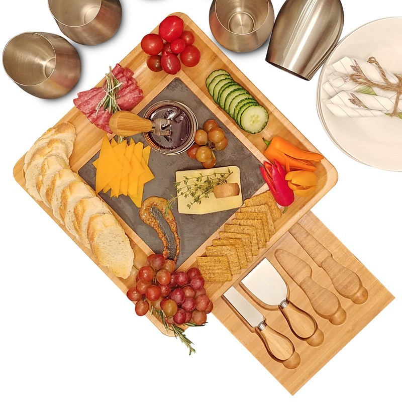 Premium Bamboo Wood &amp; Slate Cheese Board &amp; Serving Platter with 4-Piece Cutlery Set