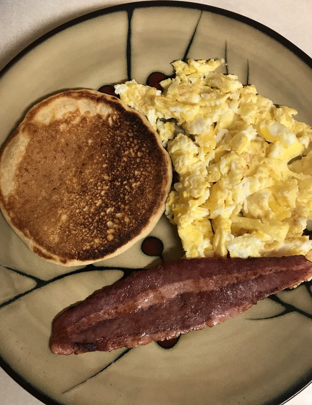 Protein Pancake With Scrambled Eggs And Turkey Bacon