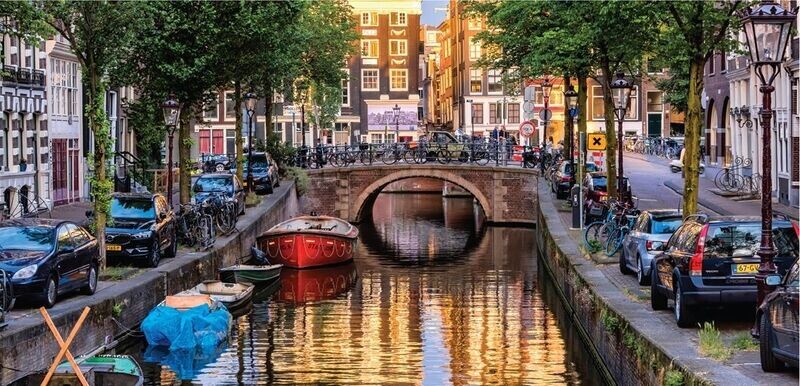 Noriko Buckles "A Red Boat on Canal at Sunset, Amsterdam" Elongated