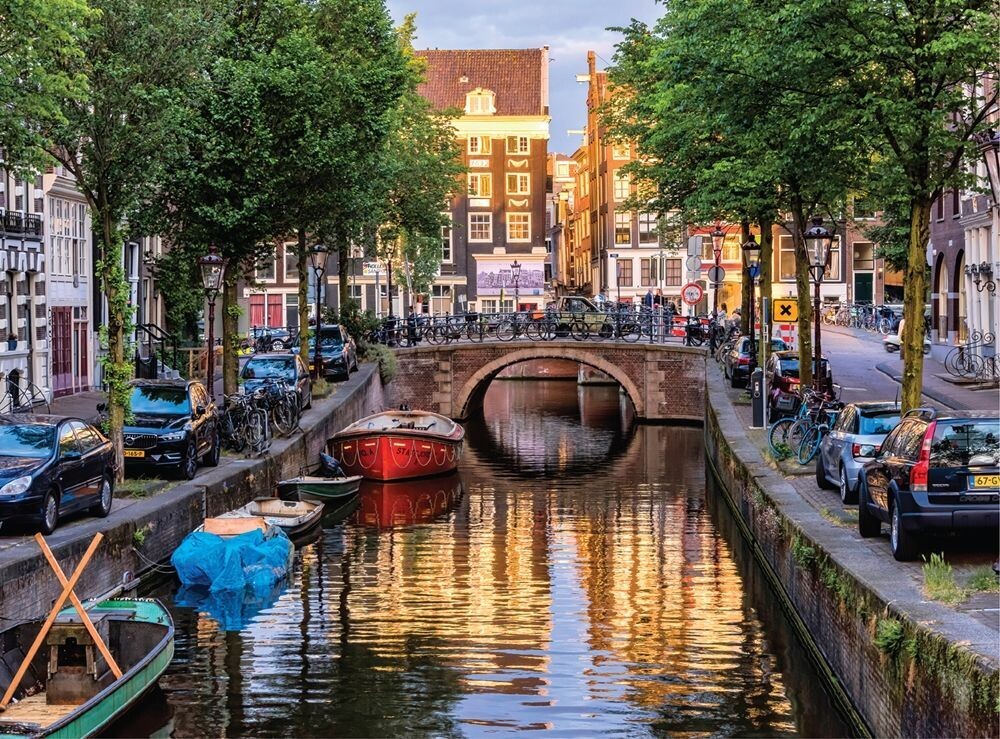 Noriko Buckles "A Red Boat on Canal at Sunset, Amsterdam"