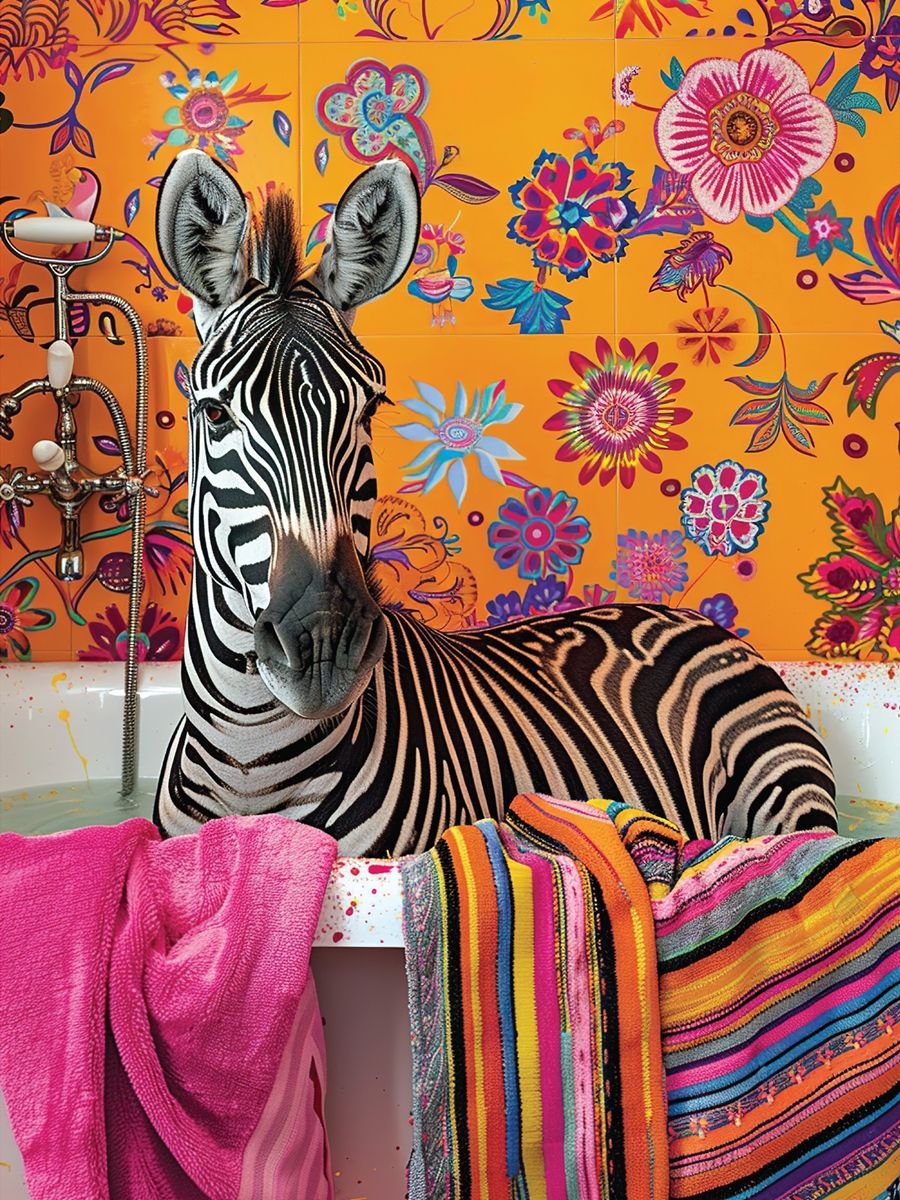 Momart "Zebra in the Bath With Colored Towel"
