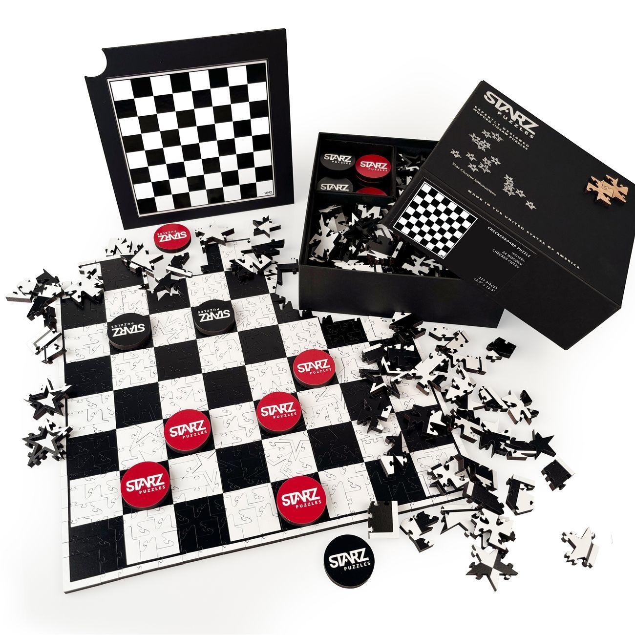 Checkerboard Puzzle - Board Size: 12.5" x 12.5" - 277 Piece Puzzle - Includes 24 Wooden Checker Pieces