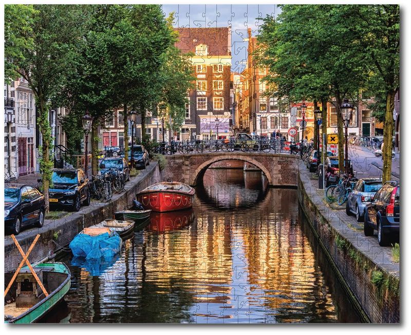 Noriko Buckles "A Red Boat on Canal at Sunset, Amsterdam"