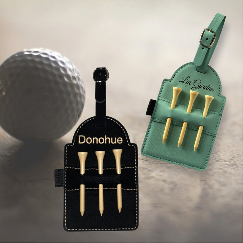 Personalized | Engraved | Golf Tag | Golf Tee Holder with 3 Wooden Tees | 8 Colors