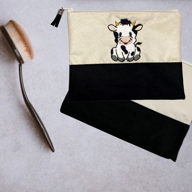Cow Embroidery | Faux Suede | Cosmetic Bag | 3 Colors