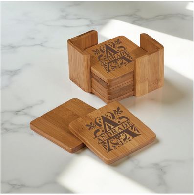 Engraved | Bamboo Wood | 6-Piece | Square | Coaster Set with Holder | 3-3/4" x 3-3/4"
