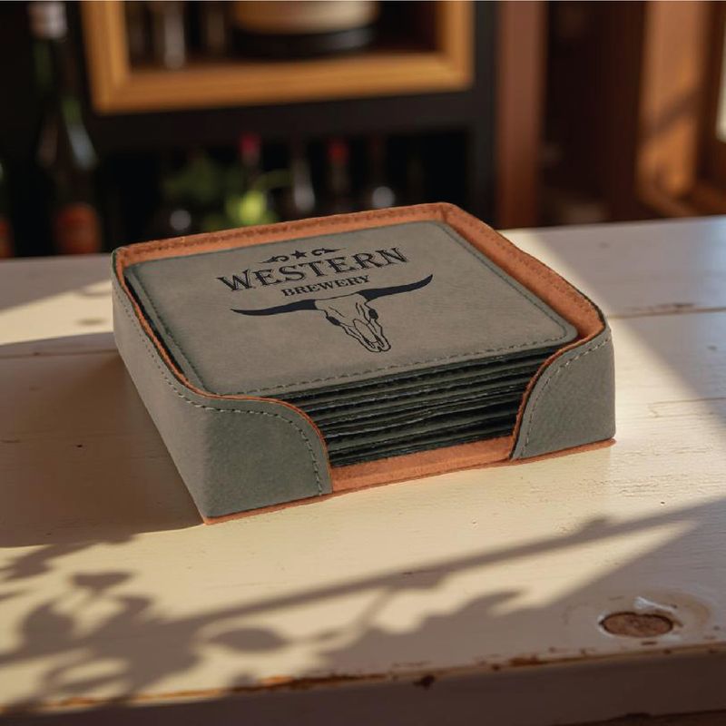 Engraved | Gray | Leatherette | 6-Piece | Square | Coaster Set with Holder | 4&quot; x 4&quot;