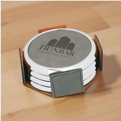 Custom Engraved | Gray Leatherette | 4-Piece | Round | Coaster Set with Metallic Edge