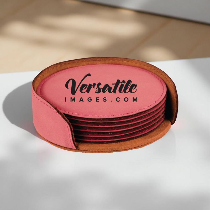 Engraved | Pink | Leatherette | 6-Piece | Round | Coaster Set with Holder | 4&quot;