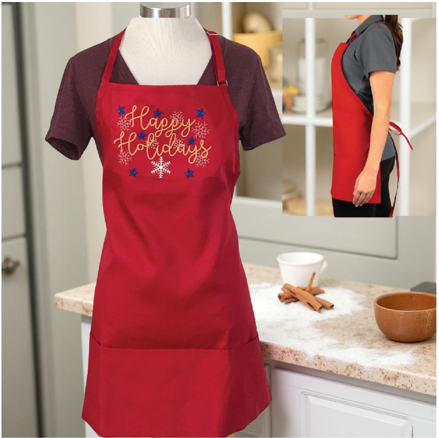 Red | Embroidered | Happy Holidays | 3-Pocket Bib Apron