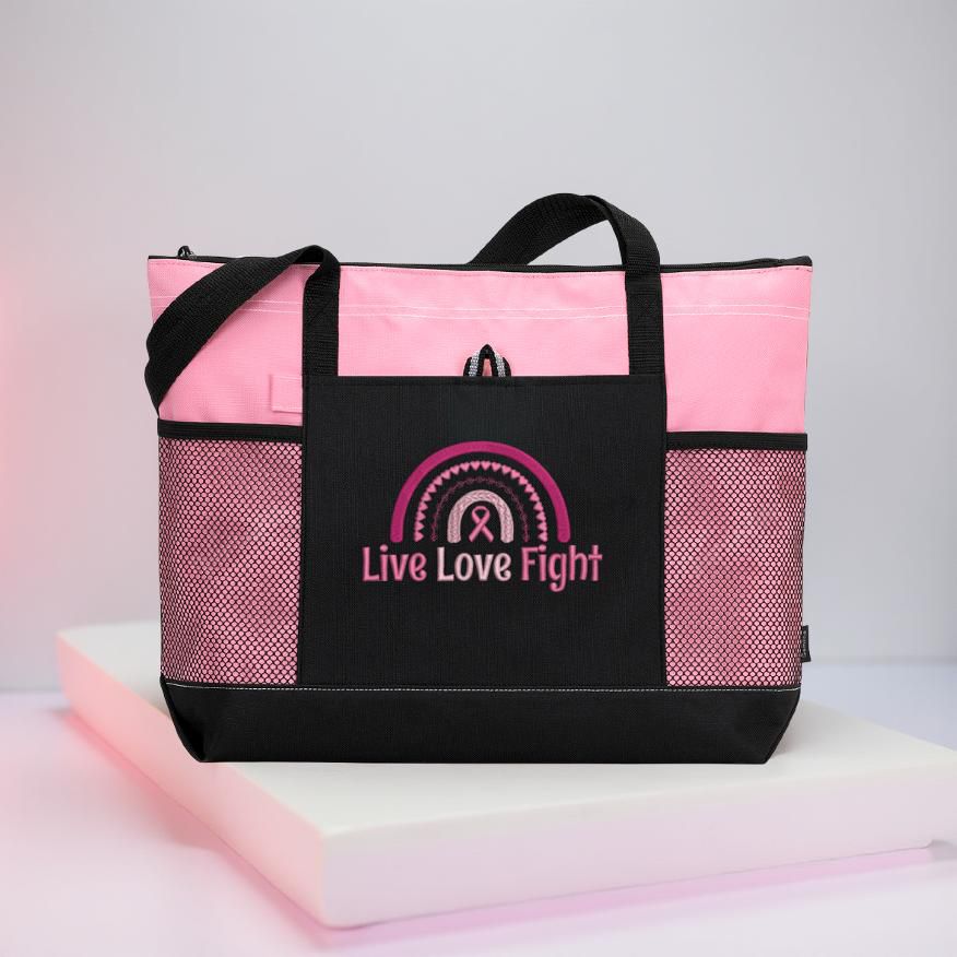 Pink | Live Love Fight | Zippered Tote Bag | 7 Colors
