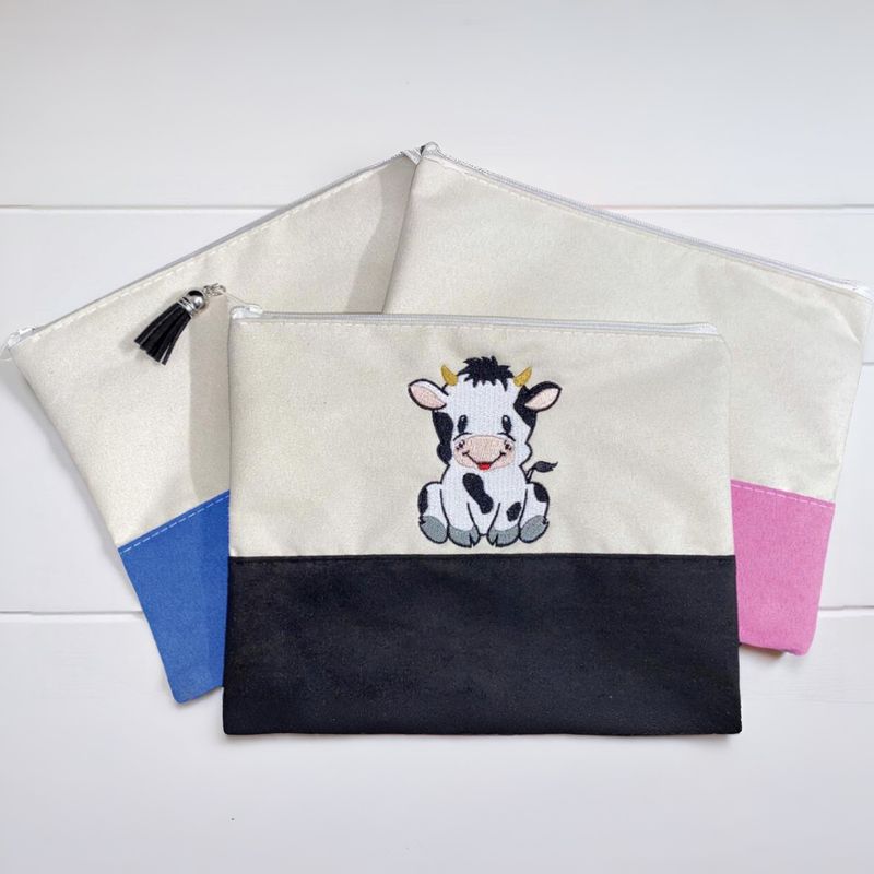 Cow Embroidery | Faux Suede | Cosmetic Bag | 3 Colors