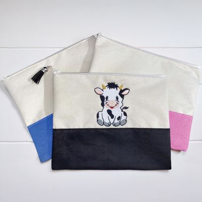 Cow Embroidery | Faux Suede | Cosmetic Bag | 3 Colors