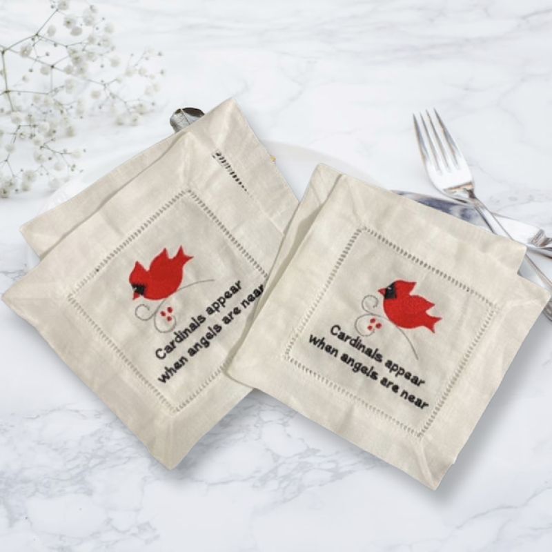 Embroidered | Cardinals appear when angels are near Cocktail Napkins | White | 6 x 6"