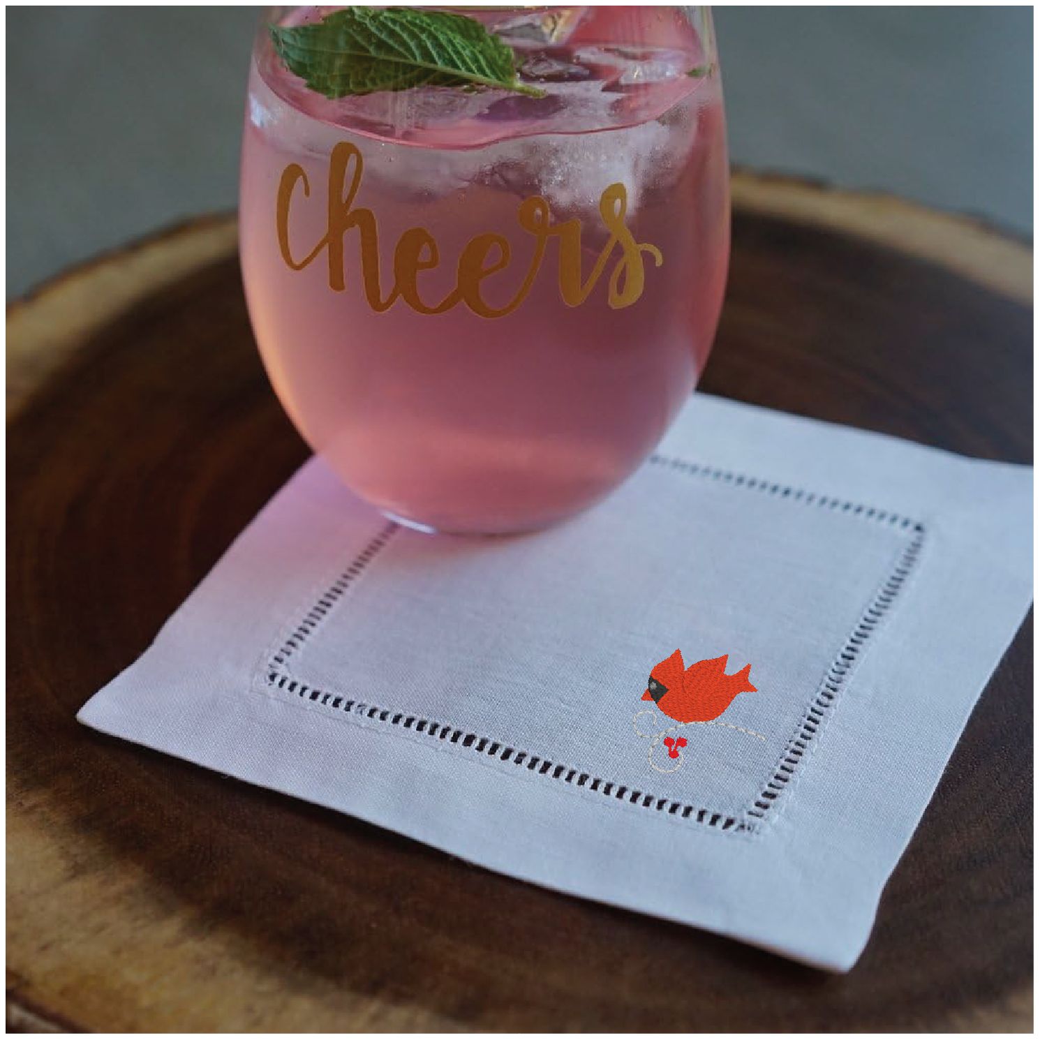 Embroidered | Mini Red Cardinal | Cocktail Napkins | White | 6 x 6"