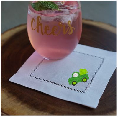 Embroidered | Mini Shamrock Truck | Cocktail Napkins | White | 6 x 6"