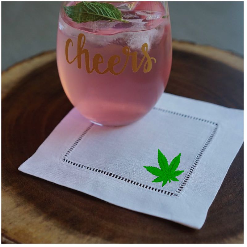 Embroidered | Mini Marijuana-Cannabis Leaf | Cocktail Napkins | White | 6 x 6"