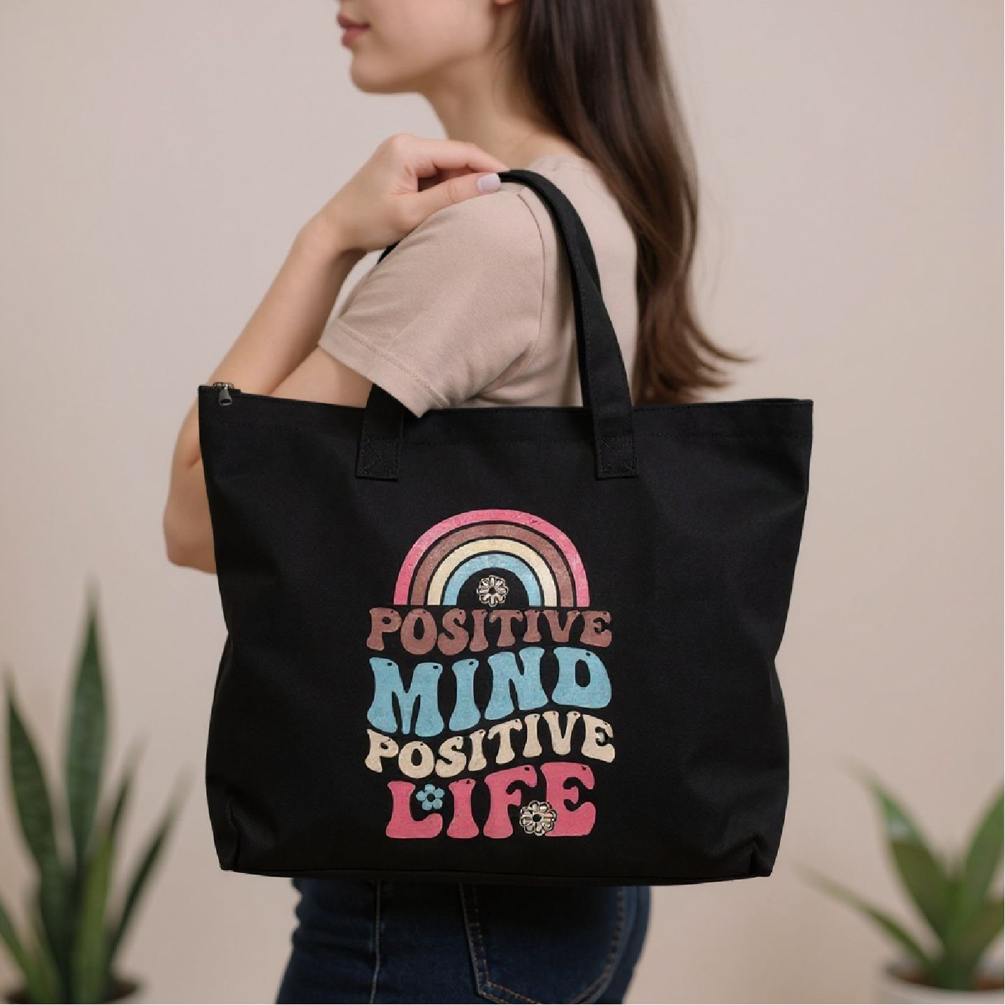 Positive Mind Positive Life | Large Zippered Tote Bag | 22"