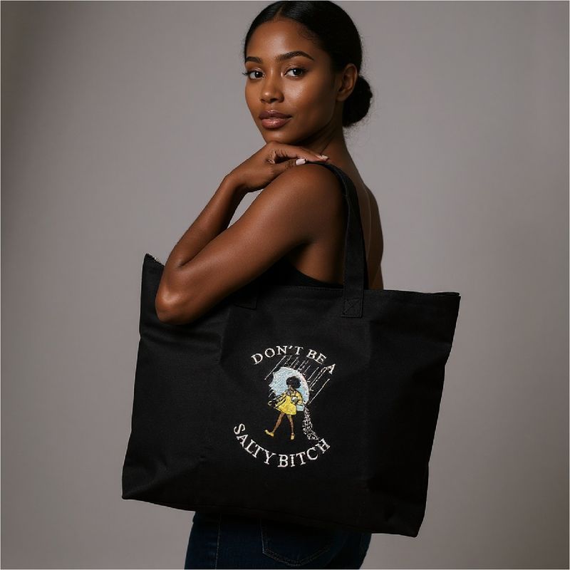 Afro Girl | Embroidered | Don't Be a Salty Bitch | Large Zippered Tote Bag | 22"