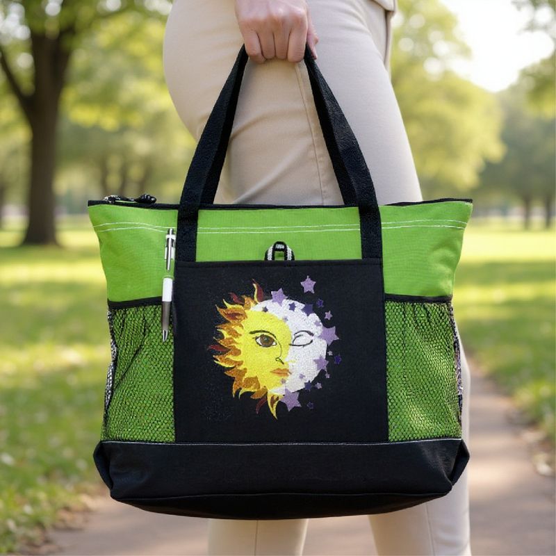 Sun Moon | Embroidered | Apple Green | Zippered Tote Bag