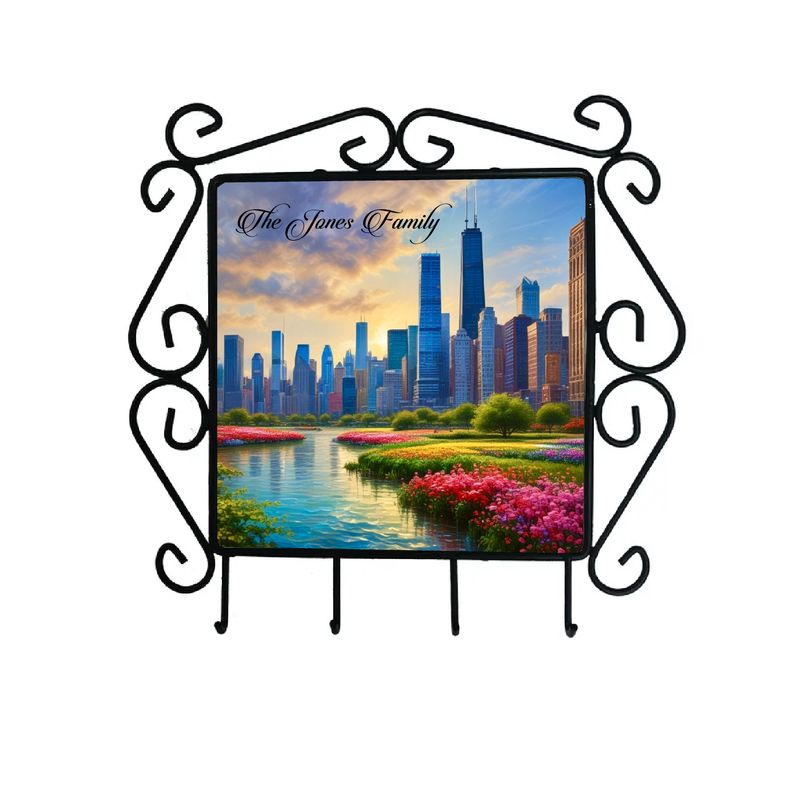 Chicago Scene | Wrought Iron Keyholder with 4 small study hooks | Housewarming Gift