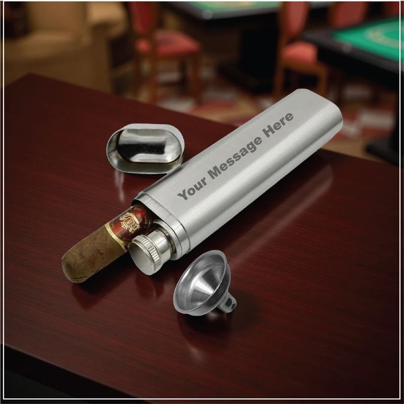 Personalized | Engraved | Stainless Steel 1-Finger Cigar Case with 2oz Tube Flask | Brushed Silver