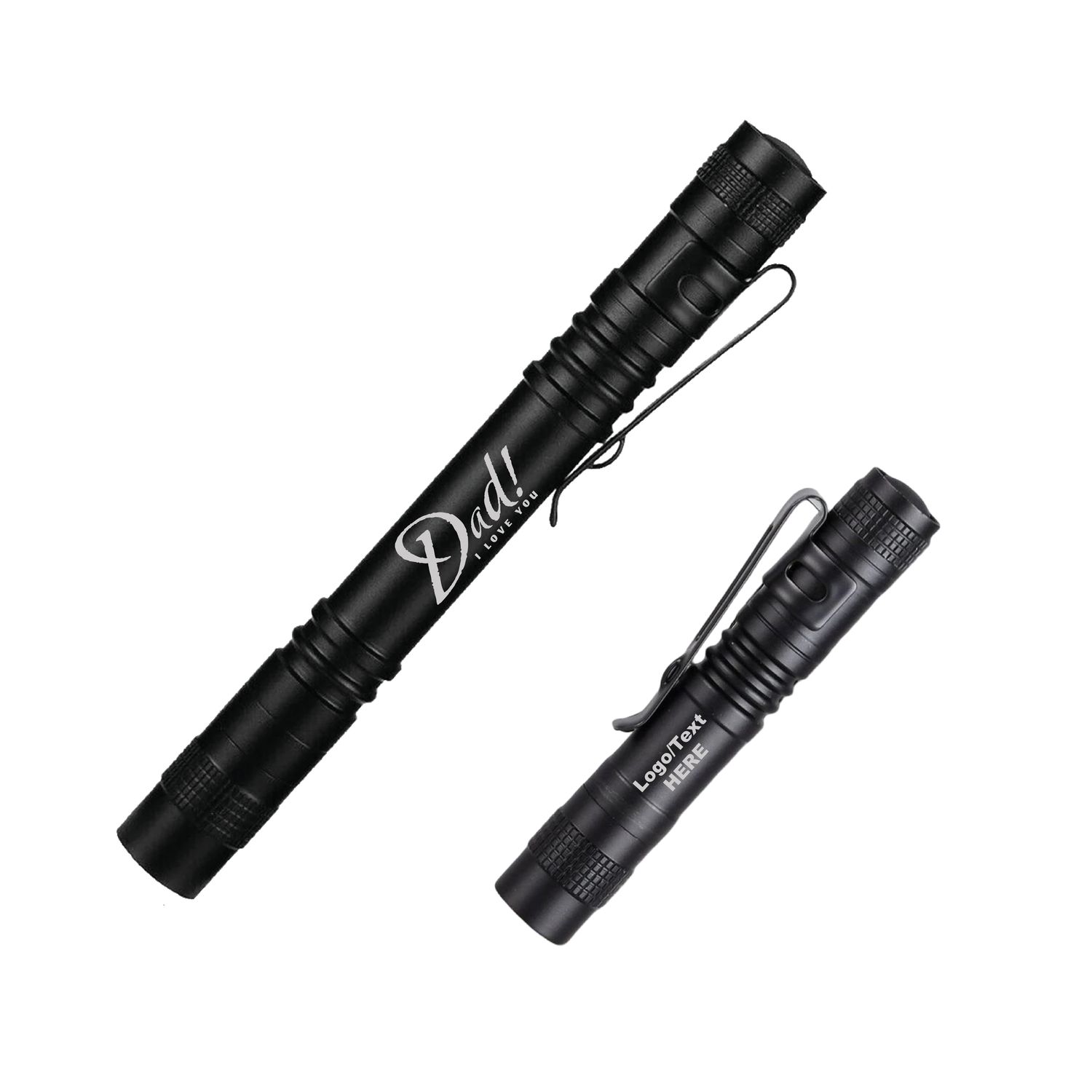 Personalized | Engraved | LED Pen Light Flashlight with Clip | Black | 2 Sizes