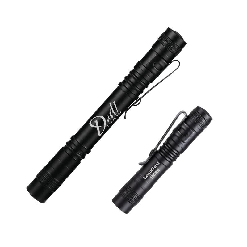 Personalized | Engraved | LED Pen Light Flashlight with Clip | Black | 2 Sizes