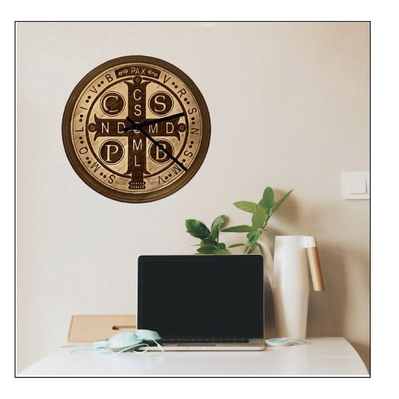 St. Benedict Medal Wall Clock – 11" Solid Pine Wood | Analog Design | Blessing and Protection