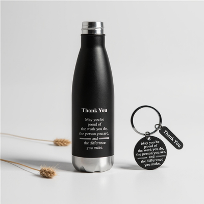 Employee Appreciation "Thank You" Gift Set — Includes Black 17oz. Double-Insulated Water Bottle &amp; Keychain