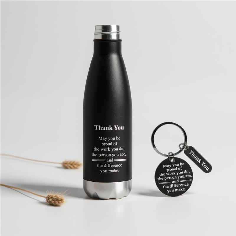 Employee Appreciation "Thank You" Gift Set — Includes Black 17oz. Double-Insulated Water Bottle &amp; Keychain