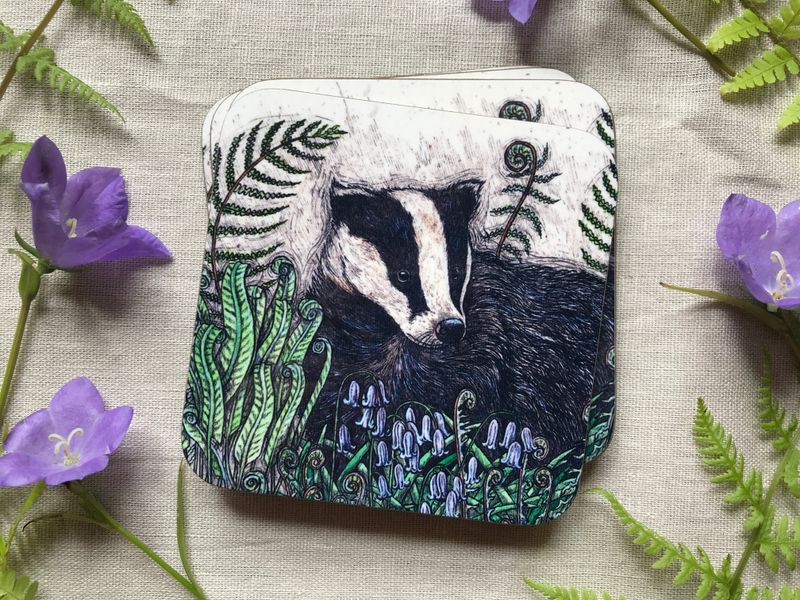 Badger with Bluebells &amp; Ferns Coaster