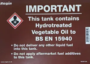 REGPL09 - IMPORTANT - THIS TANK CONTAINS HVO Storage Tank Sticker x5 - Regin