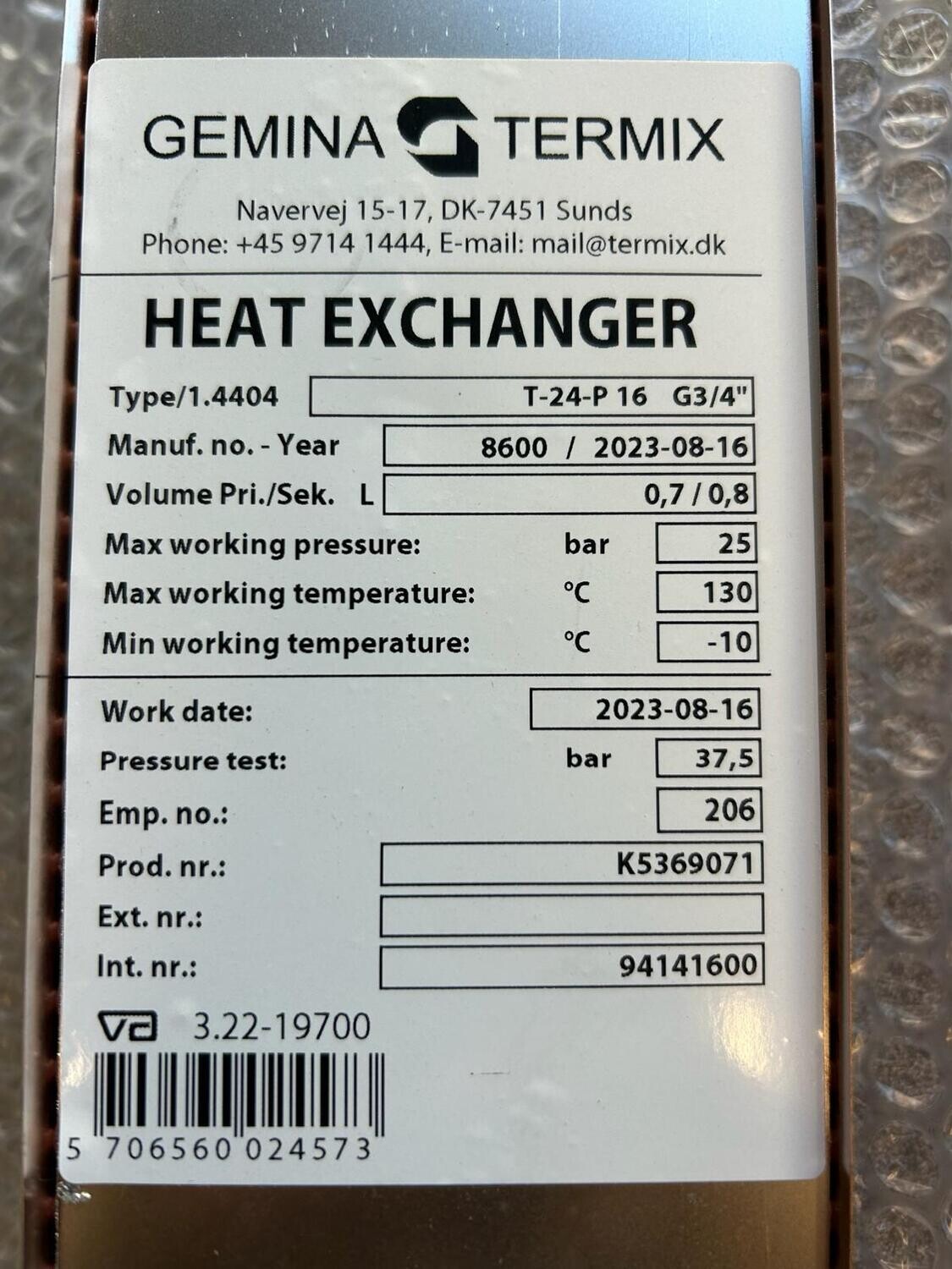 94141600 - T-24-P 16  3/4" Heat Exchanger ( plate H/ex only )