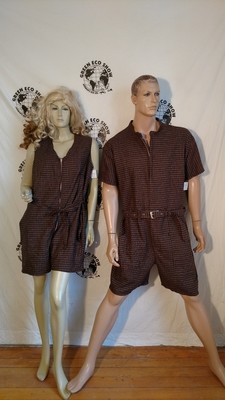 Matching Rompers His Hers XL L  Brown Check Linen Hermans USA