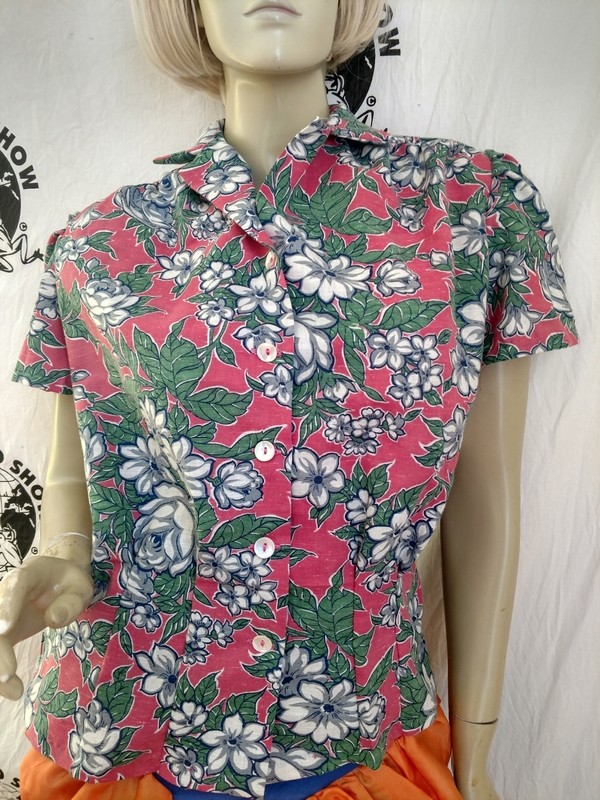 Womens Blouse Hermans  M Pink white Flowers VTG Cotton  USA