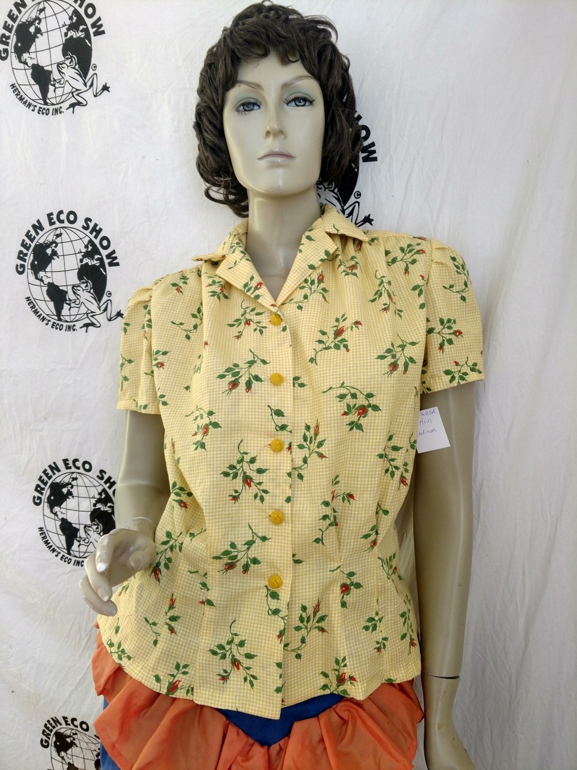 Womens Blouse M Rockabilly Hermans USA  check roses