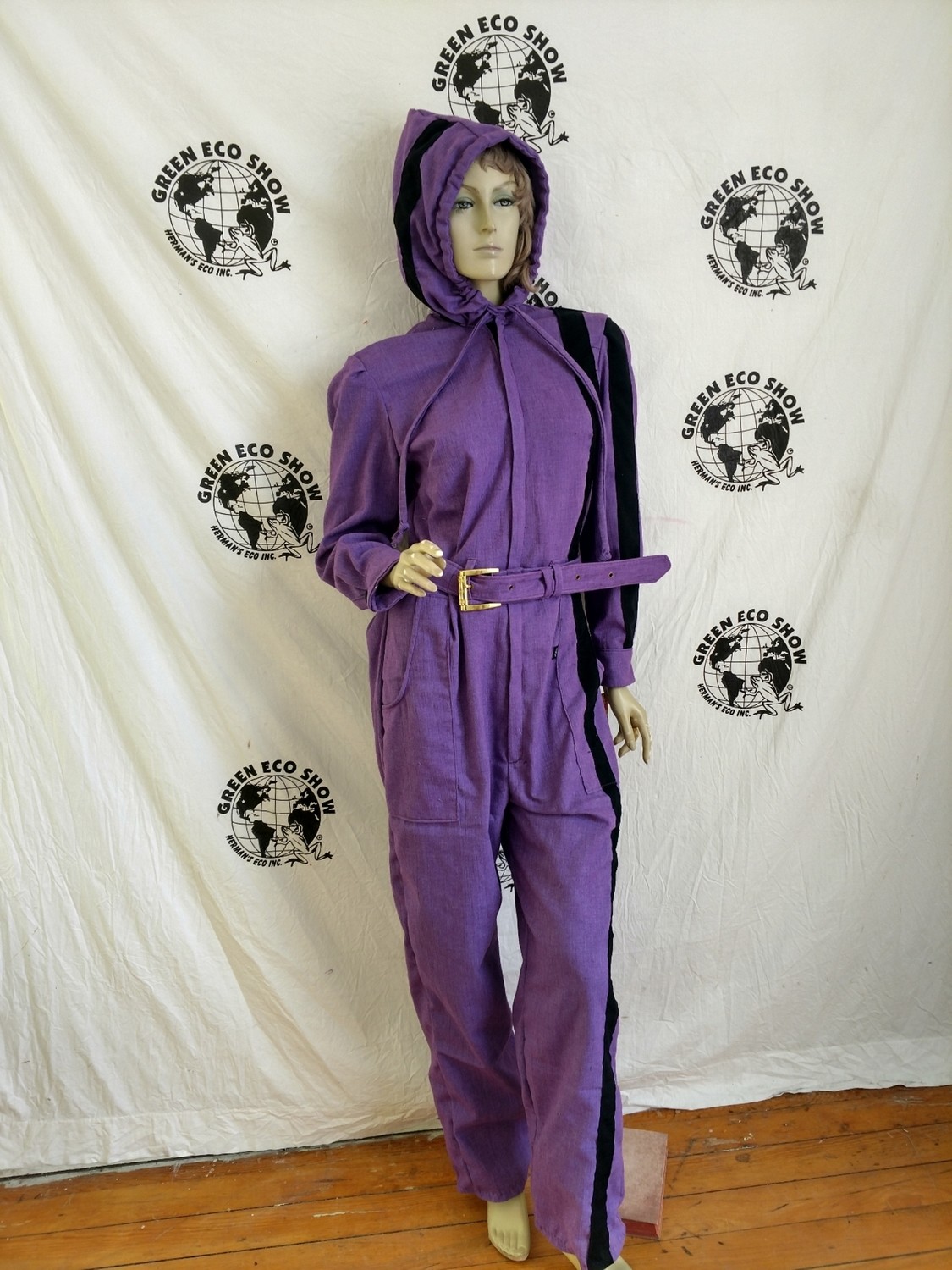 Womens Jumpsuit  L Purple Hoody Blk Striped Hermans  Eco USA
