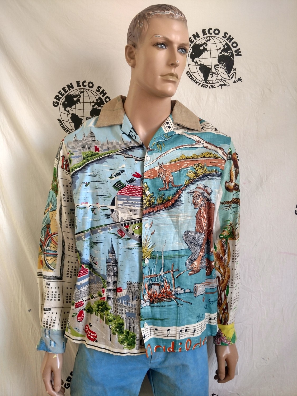 Mens Shirt Calendar  L Ireland Australia  embroidery Repurposed Made In USA